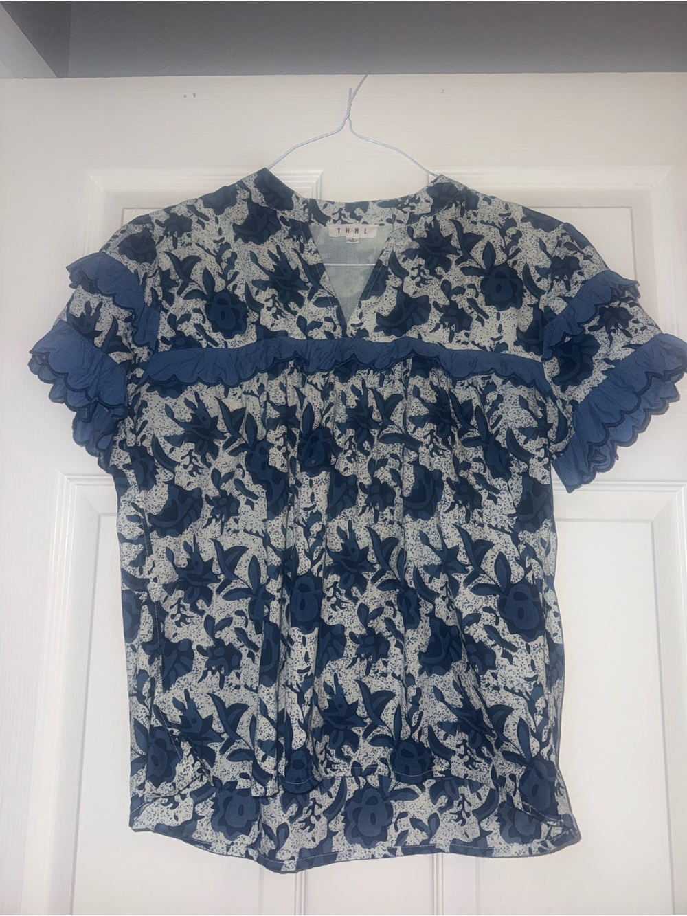 THML Navy Blue Floral Ruffle Sleeve Girls' Top